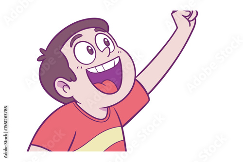 Cheering Boy: A happy, expressive boy celebrates with a raised fist, capturing the innocence and exuberance of youth in a vibrant, playful cartoon illustration.