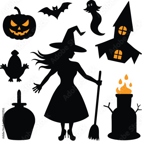 Halloween witch silhouette set illustration with Broom and Cat Halloween witch silhouette vector |Premium Vector
