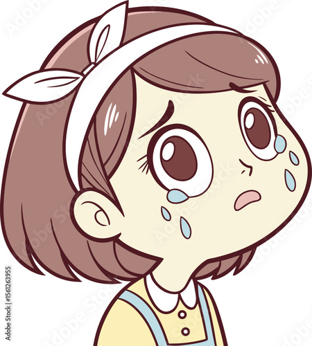 Girl with big teary eyes looking up sadly with pink cheeks expressing emotional vulnerability and innocence
