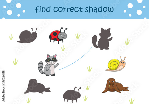 Funny cartoon wild life. Find the correct shadow. Kids Education games. Cartoon vector illustration