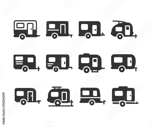 Camper Van & Travel Trailer Icons: Black Silhouette RV & Caravan Vector Set
