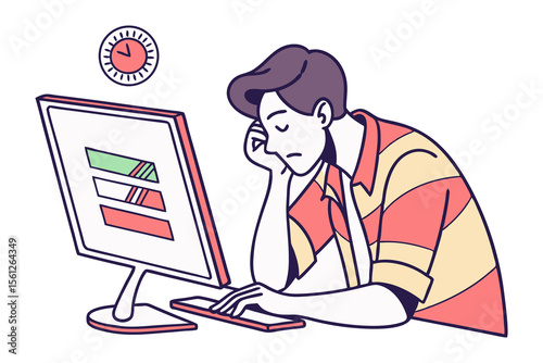 Tired person slumped over desk next to computer and clock feeling exhausted and overworked