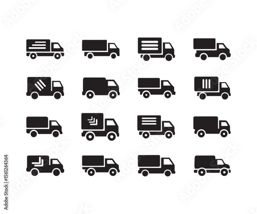 Delivery & Logistics Truck Icons: Black Glyph Set for Shipping & Transport