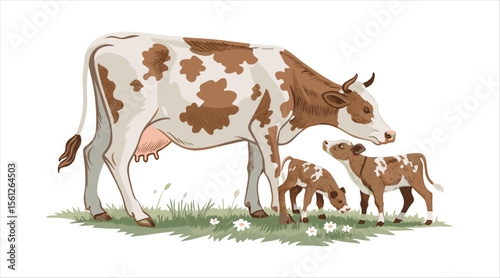 Cow and calves illustration in clean vector style, isolated on white.

