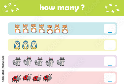 Count and match activity page for kids with cute wild animals. Elementary math for preschool and kindergarten. Vector illustration
