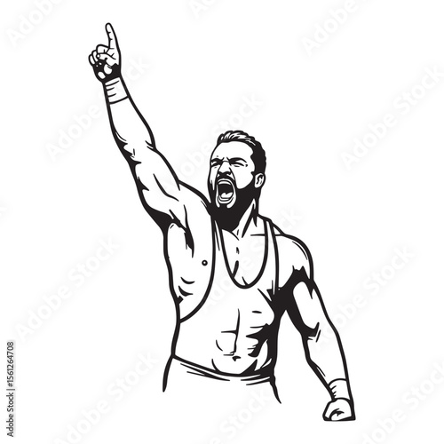 Strong wrestler celebrating victory raising arm in the air achieving success with determination