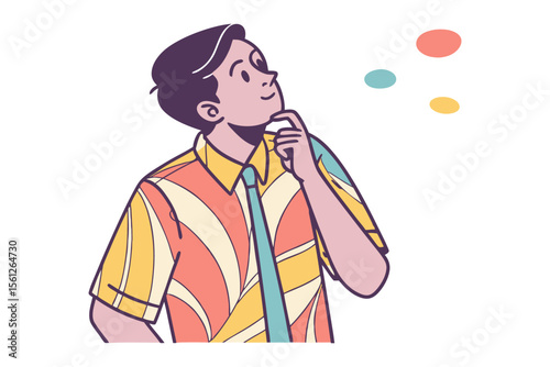 A young man with a thoughtful expression and a brightly colored patterned shirt ponders abstract ideas floating above him