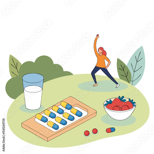 A woman stretching near a glass of milk, pills, and a bowl of fruit on a grassy field with trees behind