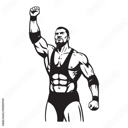Strong wrestler in action posing with raised arm demonstrating triumph and victory