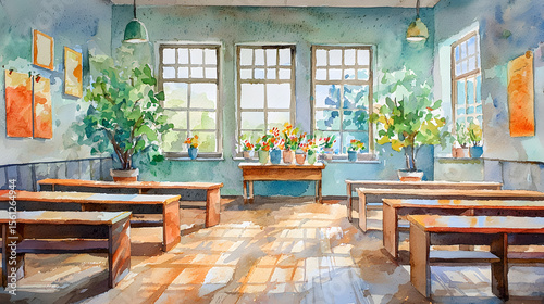 Watercolor art of a cheerful Christian Sunday school classroom filled with joy and learning