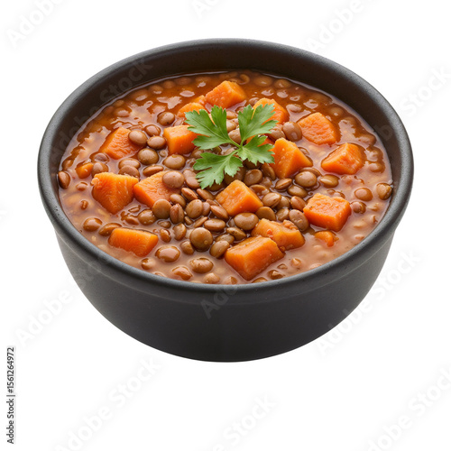 Lentil stew with sweet potatoes in black bowl isolated