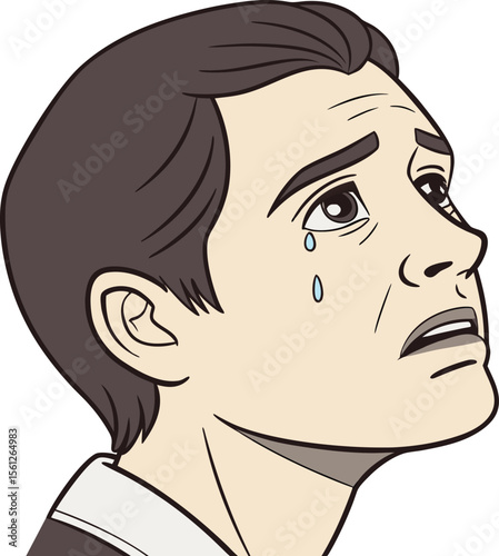Man with teary eyes looking up in disbelief expressing raw sorrow and emotional breakdown
