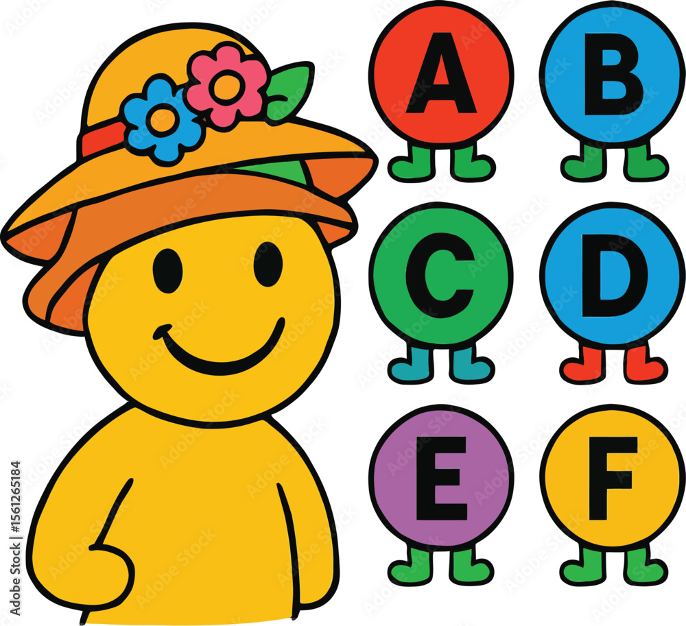 Fototapeta premium Cheerful Alphabet Learning Character with Colorful Letter Circles vector illustration