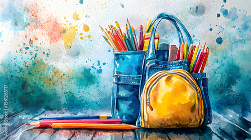 Watercolor greeting card concept with school supplies