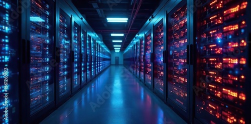 Advanced Data Center Glowing Network Infrastructure and Interconnected Servers in a Sleek Futuristic Setting