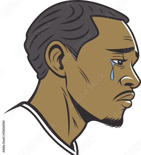 Dark-skinned man with tear running down cheek looking away showing quiet pain and emotional depth
