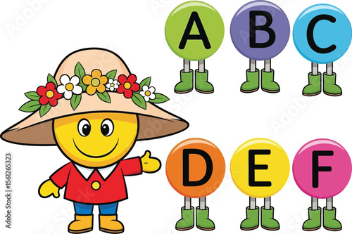Cheerful Alphabet Learning Character with Colorful Letter Circles vector illustration