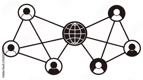 Network diagram showing people connected to a central globe icon in black and white style