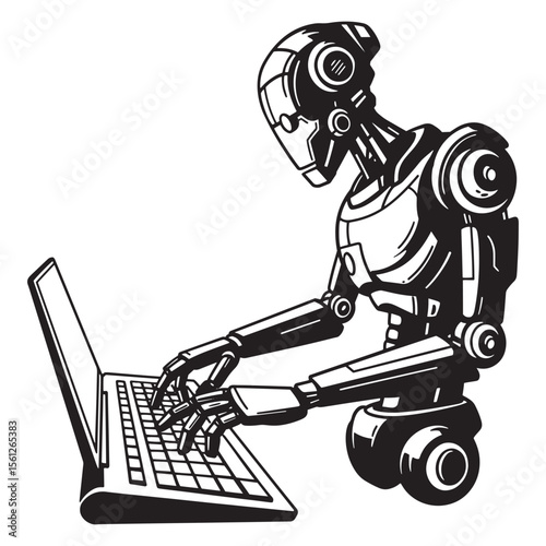 Vector illustration of a robotic ai character working on a modern laptop computer.