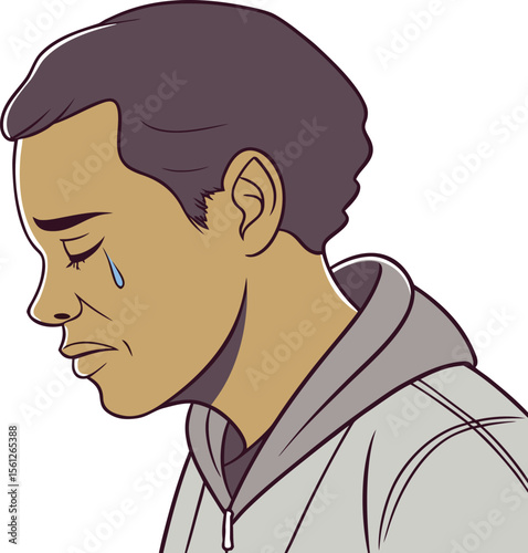 Male character in profile leaning forward in emotional reflection with subdued sadness and solitude