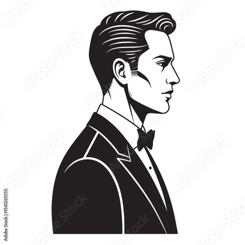 Vector illustration of a stylish gentleman wearing a tuxedo with a bow tie in profile