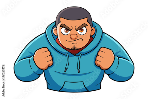 Angry Cartoon Man: A cartoon illustration of a man with a determined, almost angry expression. He's wearing a light blue hoodie, and his fists are clenched. The image is designed for use in cartoons.