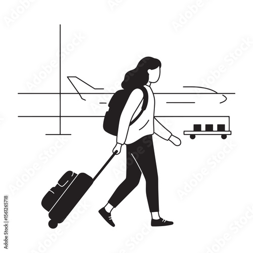 Woman traveling through airport with luggage and backpack vector illustration in black and white