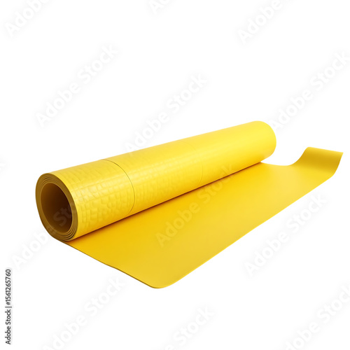 Vibrant yellow material in a roll unfurls against a transparent background, ideal for industrial or packaging designs showcasing texture.