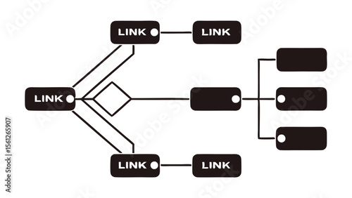 Black and white flow chart diagram with link labels and diamond shape, showing connections and hierarchy