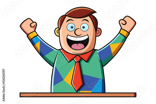 Joyful cartoon man with arms raised in celebration wearing a colorful patchwork shirt and red tie