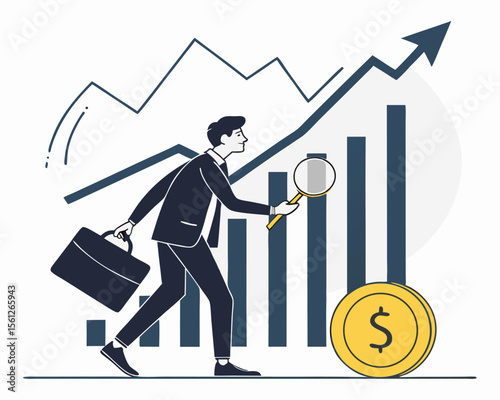 Vector art of a businessman with a magnifying glass examines growth near a gold coin