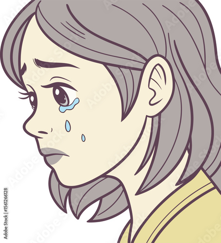 Sad girl with ponytail crying softly showing innocence and pure emotional vulnerability