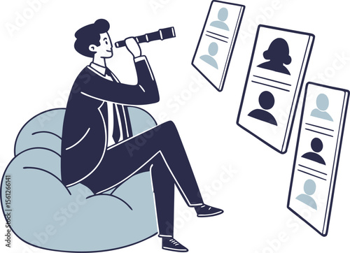 Vector art of a businessman looks through a telescope at potential job recruitment candidates