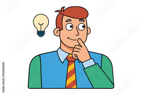 Cartoon businessman with chin resting on finger contemplating a bright idea represented by a glowing light bulb above his head