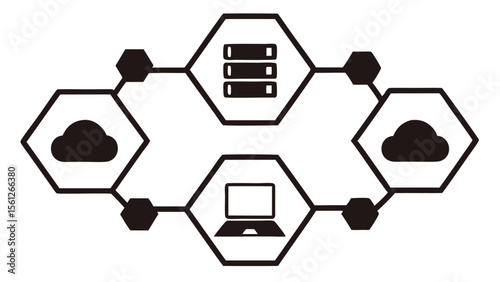 Network diagram showing cloud server and laptop connected via hexagons and lines design