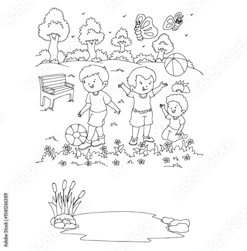 Cute cartoon hand drawn vector kids playing in park on spring season.