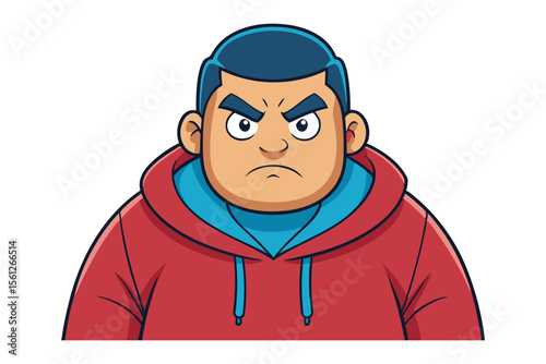 Angry Cartoon Man: A cartoon illustration of a stout man with a grumpy expression, wearing a red hoodie.  
