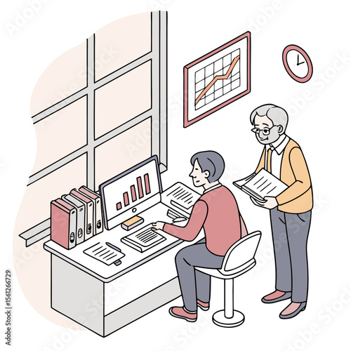 Man working at desk with computer showing bar graph while older man reviews documents nearby in office setting