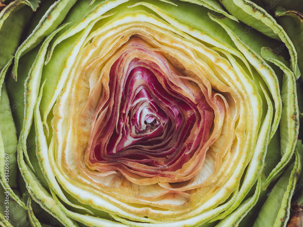 Obraz premium A cross section of a purple artichoke showing it's layers
