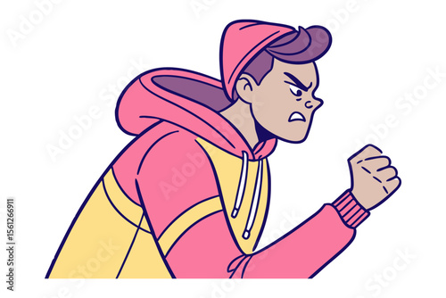 Angry young man in hoodie: A stylized illustration of a young man with an enraged expression in a hoodie, clenching his fist with anger and frustration.
