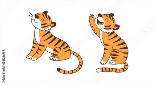 Flat vector set of adorable tigers in different poses on a white background.

