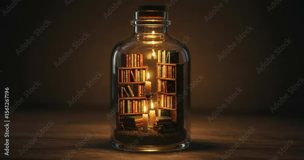 Enchanted miniature library inside a glass bottle