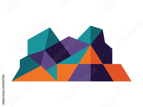 Geometric Polygonal Abstract Mountain Landscape in Teal Purple Orange Color Palette