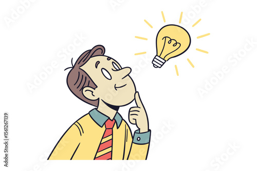 A thoughtful businessman with a lightbulb above his head symbolizing a brilliant new idea or inspiration