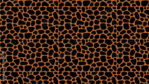 Seamless animal skin pattern with small irregular orange shapes on black background

