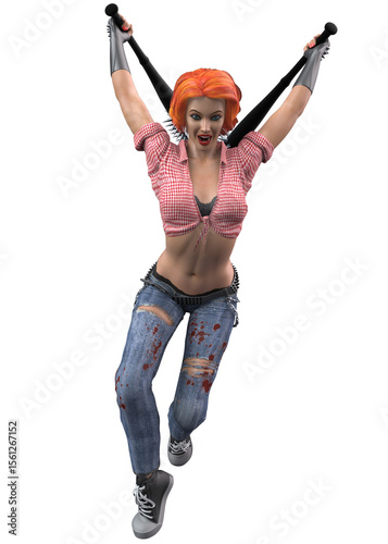 3D render of a fierce woman with red hair, wielding a spiked bat. She wears blood-stained jeans and a plaid crop top, in a defiant, aggressive combat-ready pose. 3D Illustration