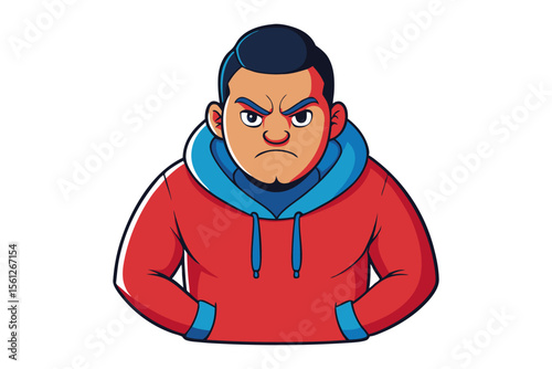 Expressing Displeasure: A person in a red hoodie with a blue collar shows an emotion, conveying a sense of anger and disapproval with cartoonish simplicity