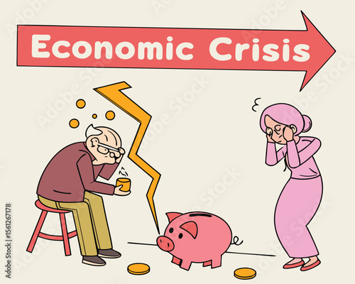 Vector art of an elderly couple faces financial hardship during an economic crisis