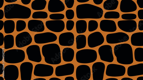 Abstract animal skin pattern with irregular black shapes on orange background
