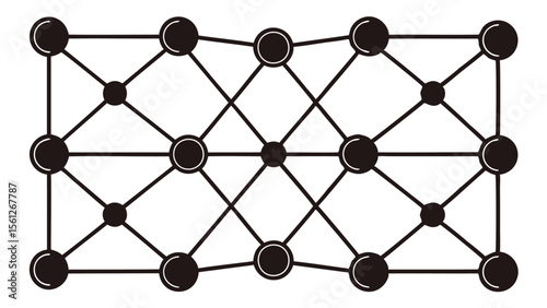 Black circles connected by lines forming a grid pattern on a white background creating a network
